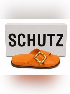 SCHUTZ Enola Orange Leather Slide with Gold Bamboo-Style Buckle NIB